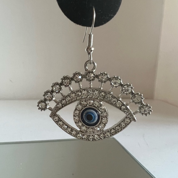 Silver rhinestone evil eye dangle drop chandelier earrings - Picture 6 of 10